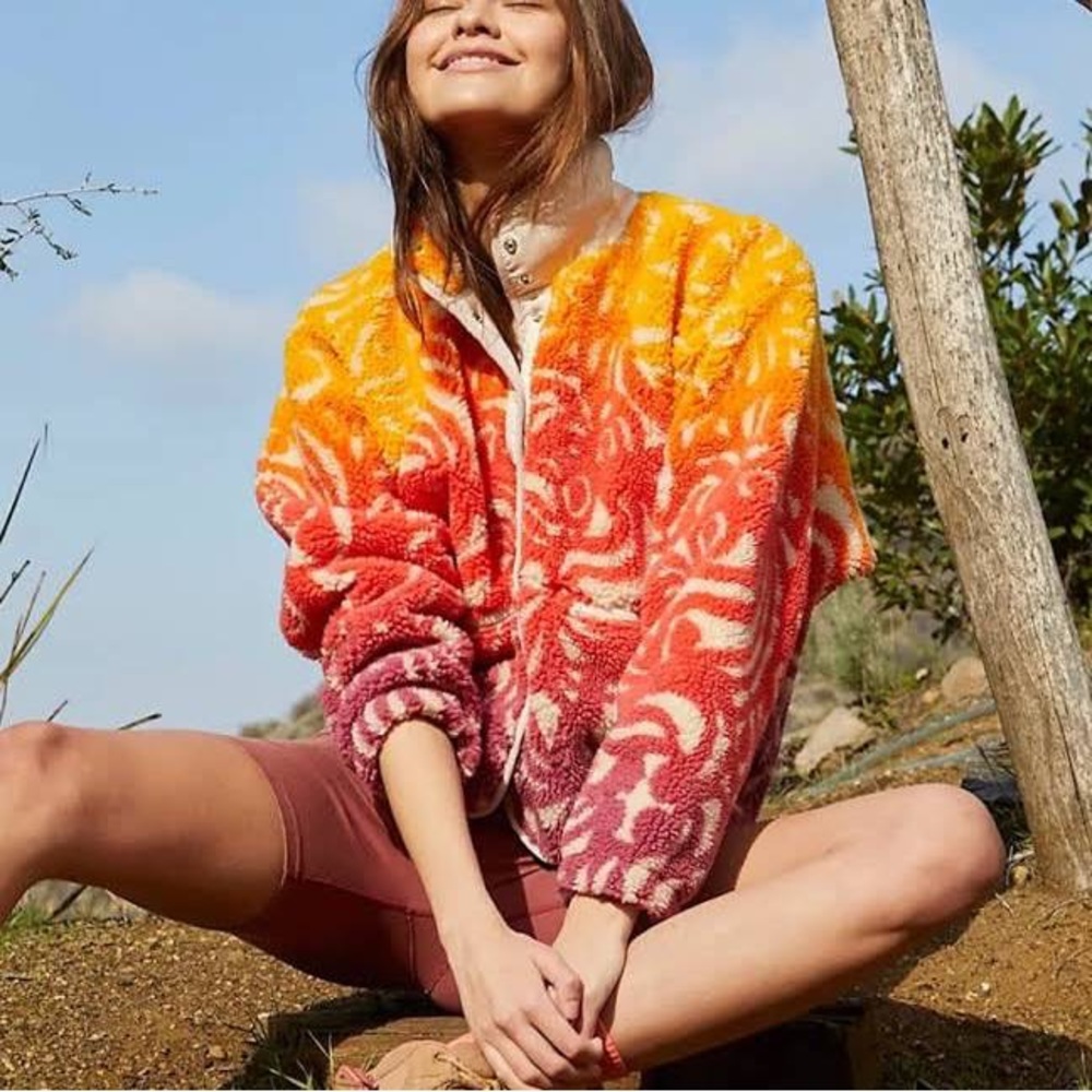 Free People Hit the Slopes Printed Fleece Jacket- Marigold combo- size medium